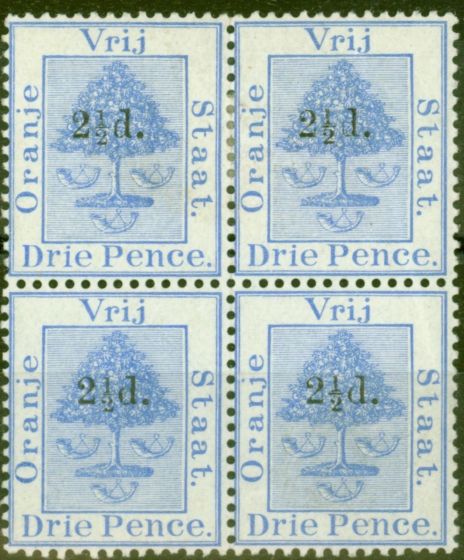 Valuable Postage Stamp from Orange Free State 1892 2 1/2d on 3d Ultramarine SG67 Fine Mtd Mint Block of 4