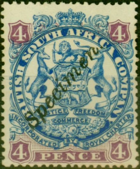 Old Postage Stamp Rhodesia 1896 4d Ultramarine & Mauve Specimen SG44s V.F & Fresh LMM