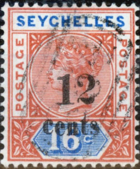 Rare Postage Stamp from Seychelles 1893 12c on 16c (No.6) SG16 Fine Used