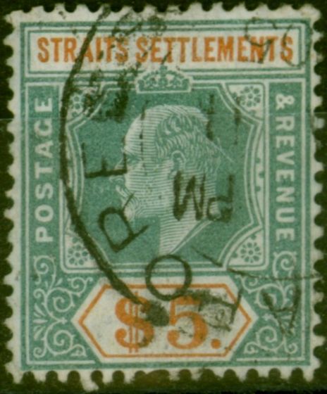 Old Postage Stamp Straits Settlements 1905 $5 Dull Green & Brown-Orange SG138 Fine Used (2)