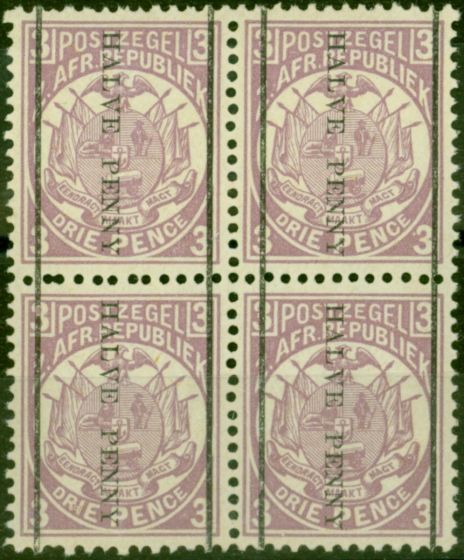 Old Postage Stamp Transvaal 1885 1/2d on 3d Mauve SG192 V.F MNH Block of 4