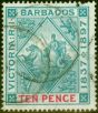 Old Postage Stamp from Barbados 1897 10d Blue-Green & Carmine SG123 Fine Used