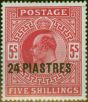 Old Postage Stamp British Levant 1912 24pi on 5s Carmine SG34 Fine MM