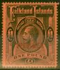 Rare Postage Stamp from Falkland Islands 1914 £1 Black-Red Specimen SG69s V.F Lightly Mtd Mint