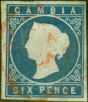 Old Postage Stamp from Gambia 1874 6d Blue SG8Var Broken Frame Line at Base Fine Used
