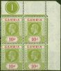 Rare Postage Stamp from Gambia 1921 10d Pale Sage-Green & Carmine SG116 V.F MNH Pl 1 Corner Block of 4