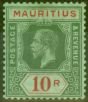 Old Postage Stamp from Mauritius 1921 10R on Emerald Emerald Back SG204c Fine Lightly Mtd Mint