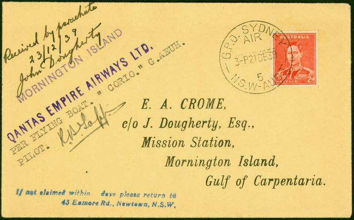 Rare Postage Stamp from Australia 1939 Parachute Flying Boat Mail Sydney to Mornington Island Signed Cover
