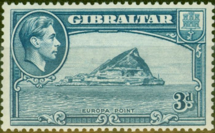 Rare Postage Stamp from Gibraltar 1938 3d Light Blue SG125a P.14 Fine Mtd Mint