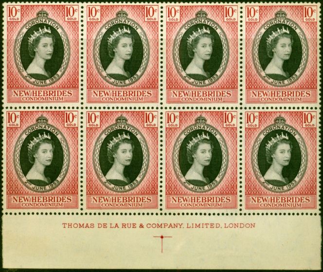 Old Postage Stamp from New Hebrides 1953 Coronation 10c Black & Carmine SG79 Fine MNH Imprint Block of 8
