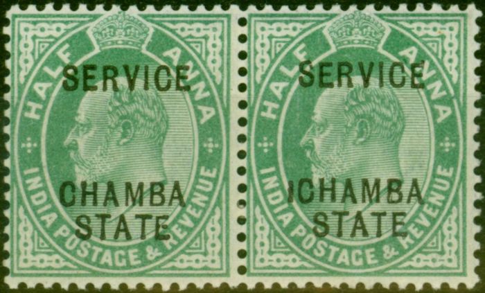 Collectible Postage Stamp Chamba 1903 1/2a Yellow-Green SG024Var 'ICHAMBA' in Fine LMM Pair