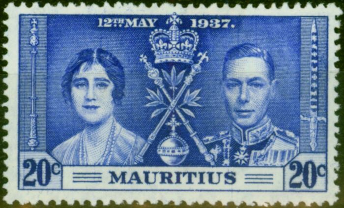 Old Postage Stamp from Mauritius 1937 20c Bright Blue SG251b 'Line by Sceptre' Fine Mtd Mint