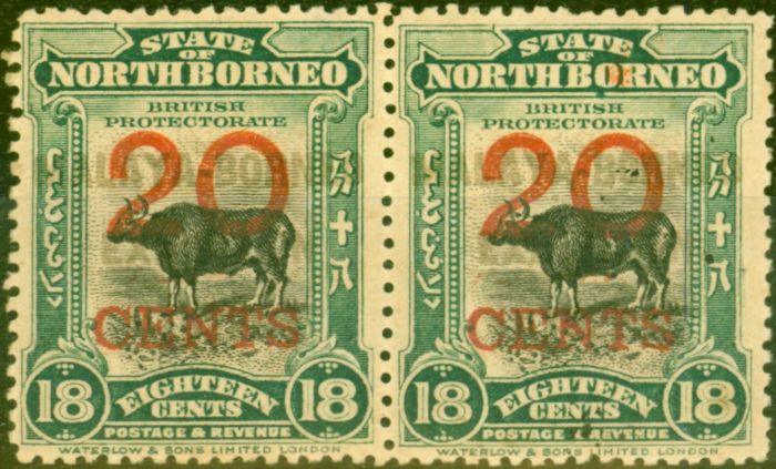 Rare Postage Stamp from North Borneo 1922 20c on 18c Blue-Green SG268a Stop After Exhibition Ave Mtd Mint Pair