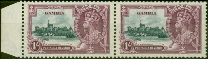 Valuable Postage Stamp from Gambia 1935 1s Slate & Purple SG146a Extra Flagstaff V.F LMM in Pair