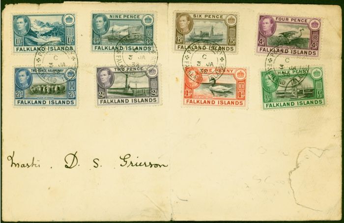 Falkland Is 1938 Set of 8 to 1s SG146-158 on 1st Day Cover 'Port Stanley C 3 JA 38' CDS . King George VI (1936-1952) Used Stamps