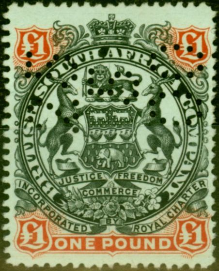 Old Postage Stamp from Rhodesia 1897 £1 Black & Red Brown-Green SG73 Fine Mtd Mint Perf-In