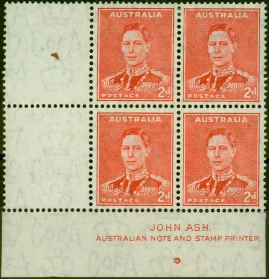 Valuable Postage Stamp Australia 1938 2d Scarlet SG184 V.F MNH Gutter Imprint Block of 4
