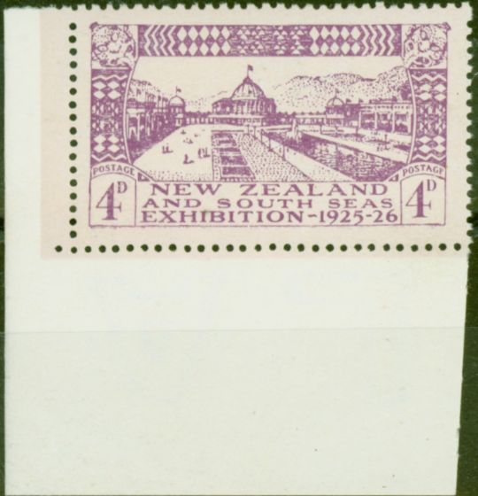 Valuable Postage Stamp from New Zealand 1925 4d Mauve/Pale Mauve SG465a POSTAGF at Right R10-1 V.F MNH Corner Marginal