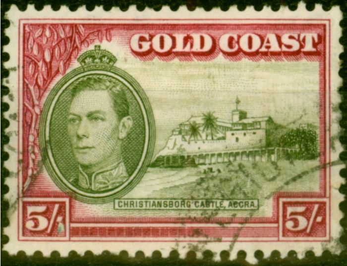 Collectible Postage Stamp from Gold Coast 1940 5s Olive-Green & Carmine SG131a P. 11.5 x 12 Fine Used