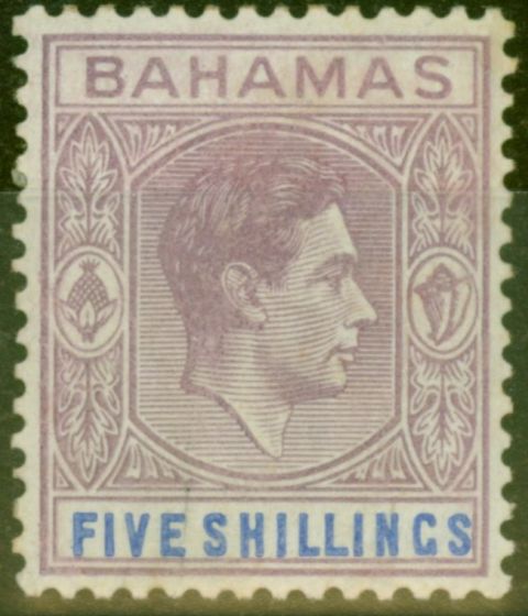 Old Postage Stamp from Bahamas 1938 5s Lilac & Blue SG156 Fine Mtd Mint