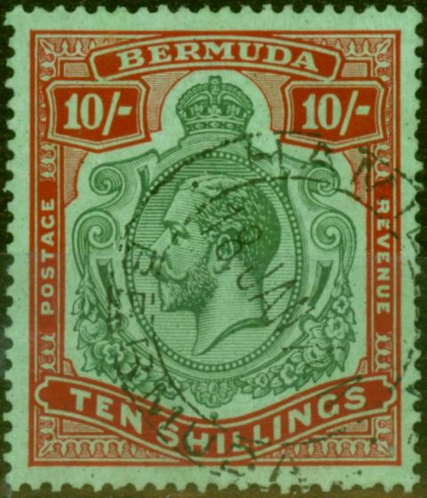 Rare Postage Stamp Bermuda 1924 10s Green & Red-Pale Emerald SG92e 'Break in Lines Below Left Scroll' V.F.U Scarce