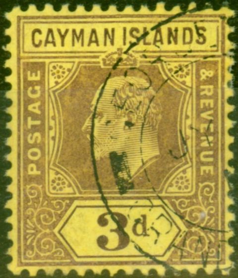Old Postage Stamp from Cayman Islands 1907 3d Purple-Yellow SG28a Damaged Frame & Crown V.F.U