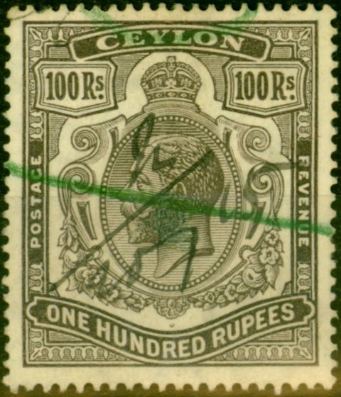 Old Postage Stamp from Ceylon 1912 100R Grey-Black SG321 Fine Used Fiscal Cancel