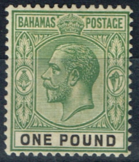 Rare Postage Stamp from Bahamas 1912 £1 Dull Green & Black SG89 Fine & Fresh Lightly Mtd Mint