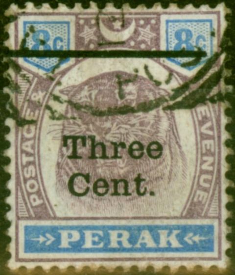 Rare Postage Stamp Perak 1900 3c on 8c Dull Purple & Ultramarine SG84 Good Used
