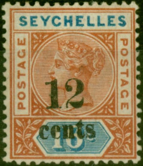 Old Postage Stamp Seychelles 1893 12c on 16c Chestnut & Blue SG16 Die I Fine MM