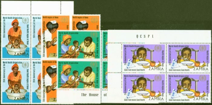 Collectible Postage Stamp from Zambia 1973 25th Anniversary W.H.O Set of 4 SG199-202 in Fine MNH Blocks of 4