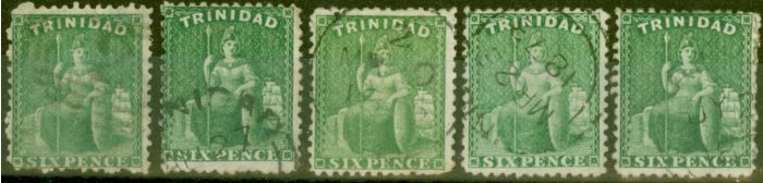 Collectible Postage Stamp from Trinidad 1869 set of 5 6d Shades SG72, 72a, 72b, 72c & 72d Fine Used