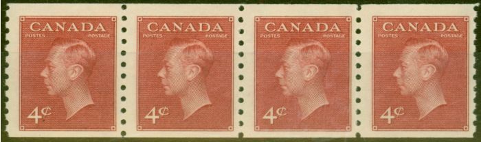 Old Postage Stamp from Canada 1950 4c Carmine-Lake Coil Strip of 4 SG422 Imperf x P.9.5 VF MNH.