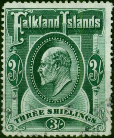 Falkland Islands 1907 3s Deep Green SG49b Fine Used . King Edward VII (1902-1910) Used Stamps