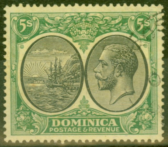 Rare Postage Stamp from Dominica 1927 5s Black & Green-Yellow SG88 V.F.U
