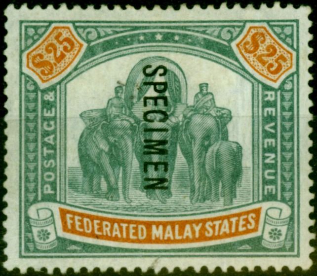 Valuable Postage Stamp from Fed of Malay States 1900 $25 Green & Orange Specimen SG26s Fine Mtd Mint