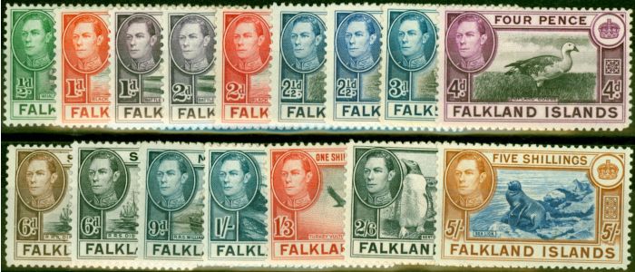 Old Postage Stamp from Falkland Islands 1938-49 Set of 16 to 5s SG146-161c Fine Mtd Mint