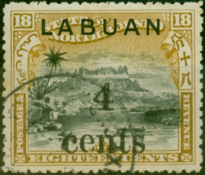 Old Postage Stamp Labuan 1904 4c on 18c Black & Olive-Bistre SG133 Fine Used