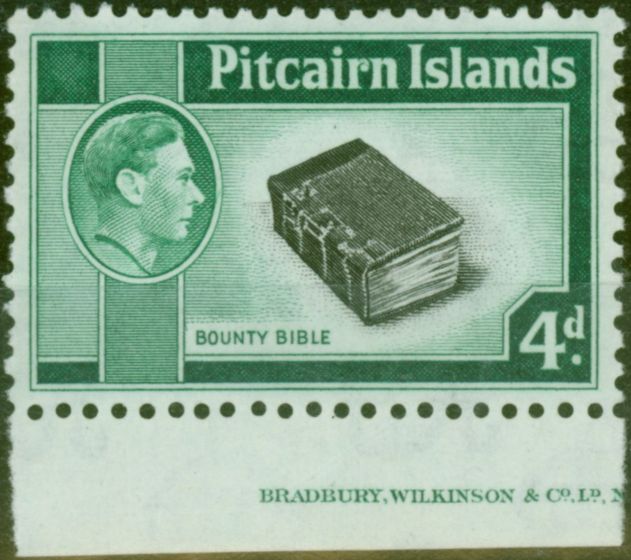 Old Postage Stamp from Pitcairn Islands 1951 4d Black & Emerald-Green SG5b V.F MNH Part Imprint