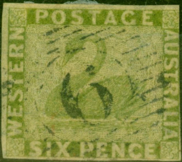 Rare Postage Stamp from Western Australia 1861 6d Sage-Green SG28 Good Used
