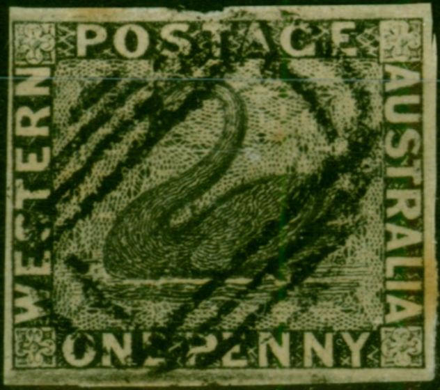 Valuable Postage Stamp Western Australia 1854 1d Black SG1 V.F.U Example with 4 Good Clear Margins