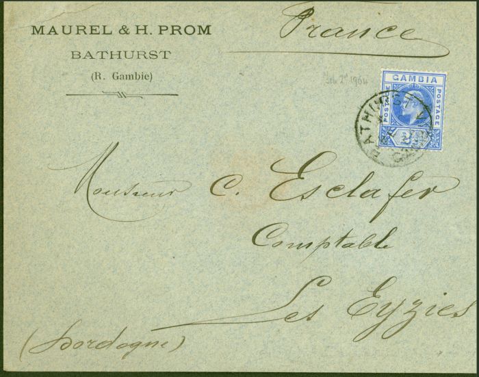 Collectible Postage Stamp from Gambia 1904 Cover to France Bearing 1902 2 1/2d Fine Strike of Bathurst FE 2 04 CDS