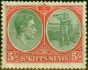 Old Postage Stamp from St Kitts & Nevis 1938 5s Grey-Green & Scarlet SG77 Fine Lightly Mtd Mint