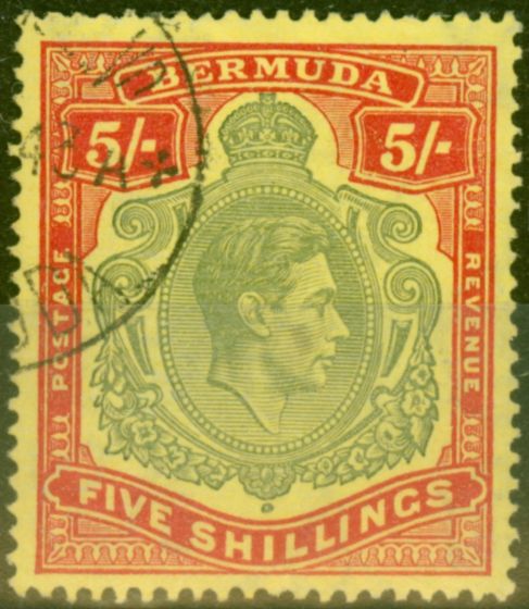 Old Postage Stamp from Bermuda 1942 5s Bronze-Green & Carmine Red-Pale Yellow SG118c Fine Used