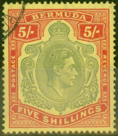 Valuable Postage Stamp from Bermuda 1942 5s Bronze-Green & Carmine Red-Pale Yellow SG118c V.F.U