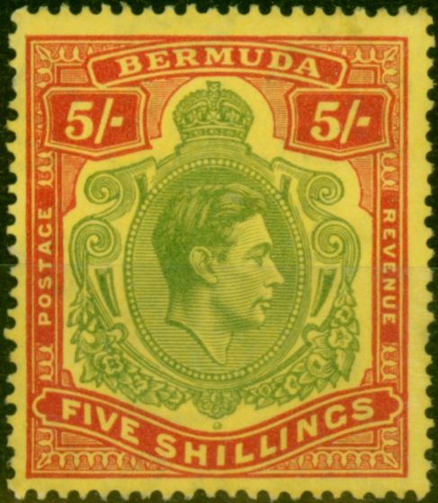 Old Postage Stamp Bermuda 1943 5s Pale Bluish Green & Carmine Red-Pale Yellow SG118d Fine LMM
