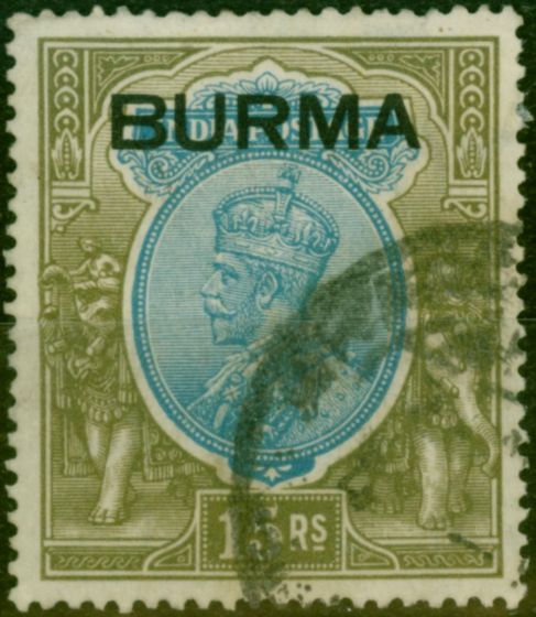 Rare Postage Stamp from Burma 1937 15R Blue & Olive SG17 Fine Used
