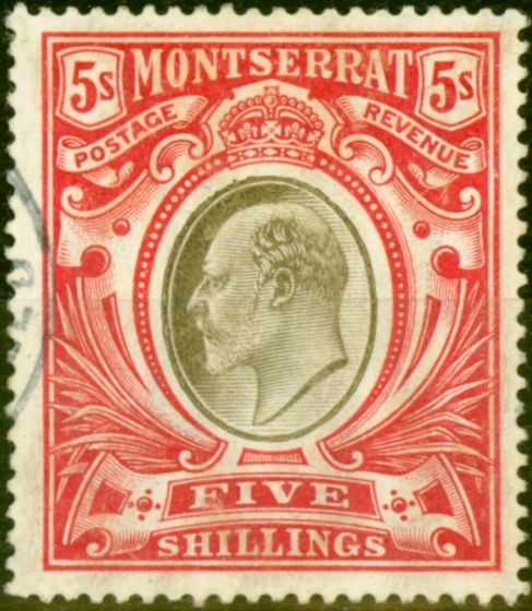 Rare Postage Stamp from Montserrat 1907 5s Black & Red SG33 V.F.U