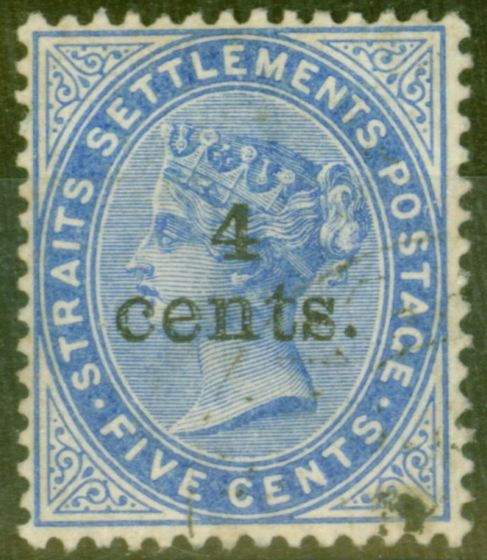 Rare Postage Stamp from Straits Settlements 1898 4c on 5c Blue SG107 V.F.U