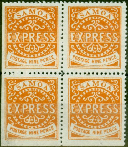 Old Postage Stamp Samoa 1880 9d Orange-Brown SG20 4th State V.F MNH Block of 4